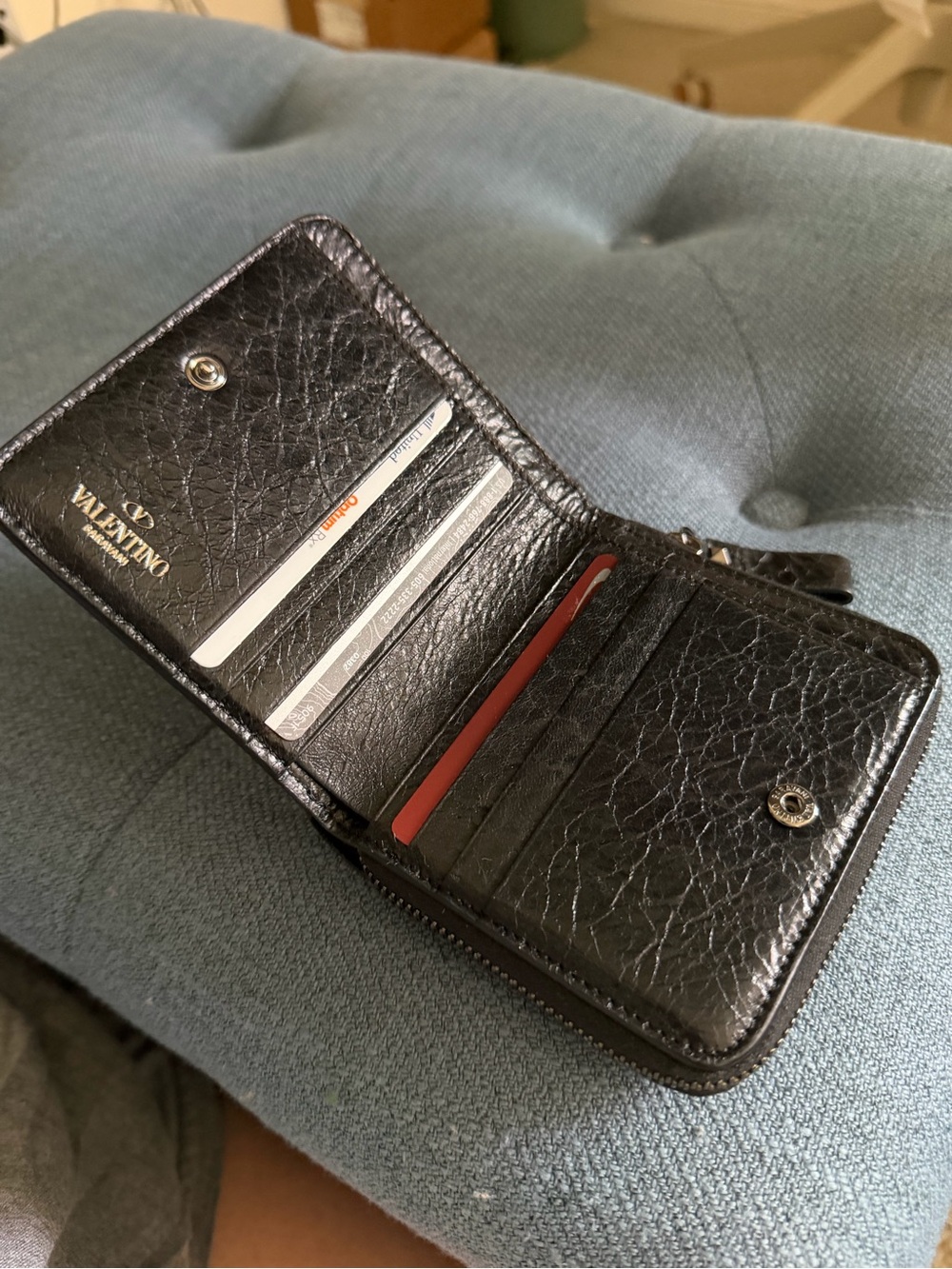 Valentino Black Textured Leather Zip Card Holder-Authentic